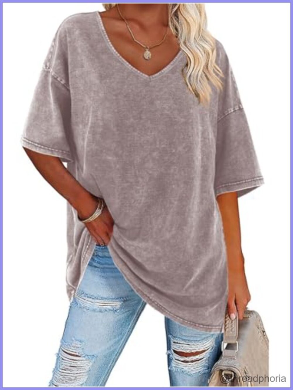 Oversized Cotton Tunic T-Shirt V-Neck Short Sleeve Relaxed Fit